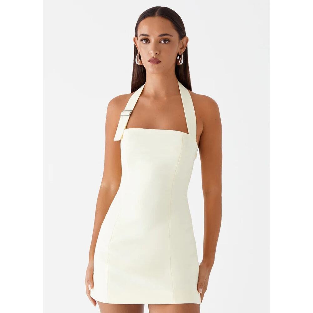 NEW Butter Yellow Bianca Halter Dress Silver Detail Pepper Mayo Formal Rush- 8